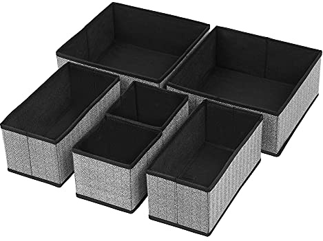SONGMICS Aufbewahrungsboxen für Unterwäsche, 6er Set, Schubladen-Organizer, Stoffboxen, Aufbewahrungskörbe, Vliesstoff in Leinenoptik, Socken, Krawatten, Schals, schwarz