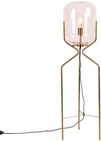 Qazqa - Art Deco Art Deco Stehlampe Messing mit rosa Glas - Bliss I Wohnzimmer I Schlafzimmer - Länglich - LED geeignet E27