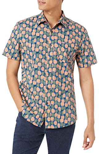 Amazon Essentials Chemise Boutonnée Manches Courtes Coupe Ajustée Homme, Bleu Foncé Pêche Pâle Ananas, XXL