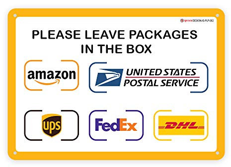 IGNIXIA Letrero de entrega de paquetes para el hogar, Amazon Leave Packages Here, para FedEx, Amazon, DHL, UPS, USPS - Resistente a la decoloración, fácil montaje, 25.4 x 17.8 cm (plástico)