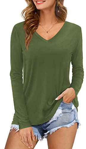 Florboom Ladies Tunic Tops V Neck Long Sleeve Casual T Shirts Army Green Size 20 22