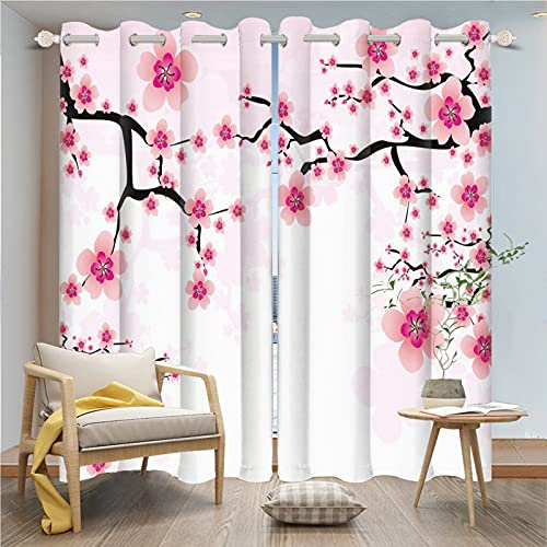 DORCEV Fenstervorhänge, rosa Blumenmuster, Kirschblüten, Fenstervorhänge, Behandlung, japanische Blumenzweige, wärmeisoliert und lichtblockierende Vorhänge für Wohnzimmer, 132.1x182.9 cm, 2 Paneele