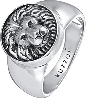 Kuzzoi Siegelring Herrenring rund, massiv 15 mm breit in 925 Sterling Silber, Biker Ring oxidiert mit Löwenkopf, Retro Symbol Ring für Männer, Ringgröße 64