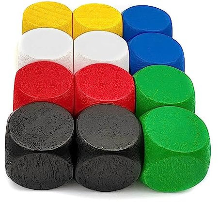 Dadi bianchi in legno per giochi da tavolo, dimensioni 16 mm, Made in Germany (12 dadi, 6 colori - Colori base: bianco, nero, giallo, rosso, blu, verde)