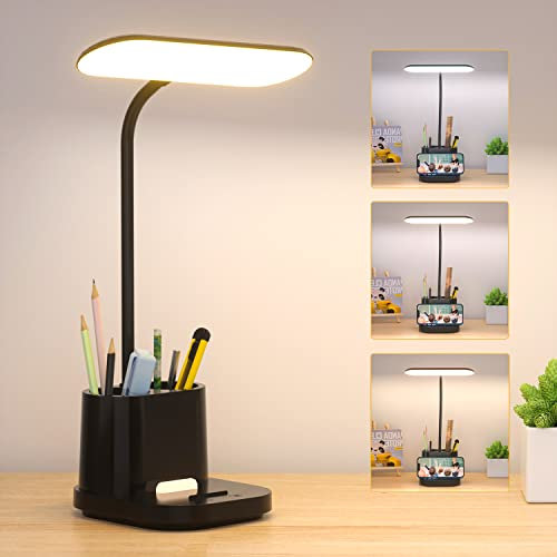 Schreibtischlampe Kinder, 60 LED Dimmbare Tischlampe 3 Modus USB-Anschluss Nachttischlampe, Touch Schreibtischleuchte mit Stifthalter 3600 mAh 360° Verstellbar Schwanenhals Leselicht Wohnzimmer Büro