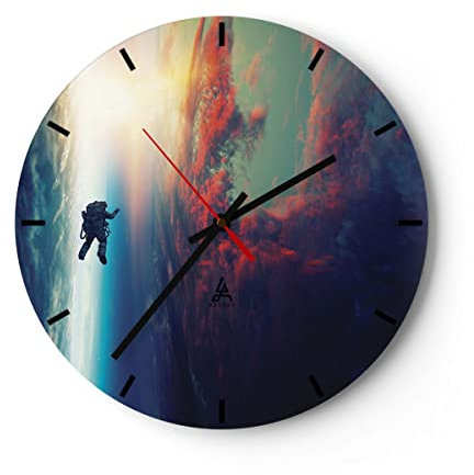 Modern Wanduhr Kosmos Astronaut Planet 40x40cm Rund Groß Wand Uhr Glas Analog Zimmeruhren Küche Büro Wohnzimmer Glasuhr Wall Clock Dekoration Design Wanddekoration Küchenuhr C3AR40x40-5049