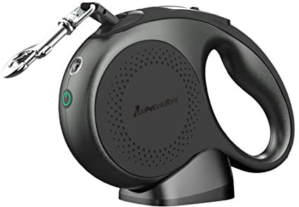 AllPetSolutions Retractable Dog Lead Extending Leash with LED Light - Extension Lead with Anti-Slip Brake, Release Button, Anti-Twist Lobster Clip - For Small, Medium, Large Pets - Grey 5M