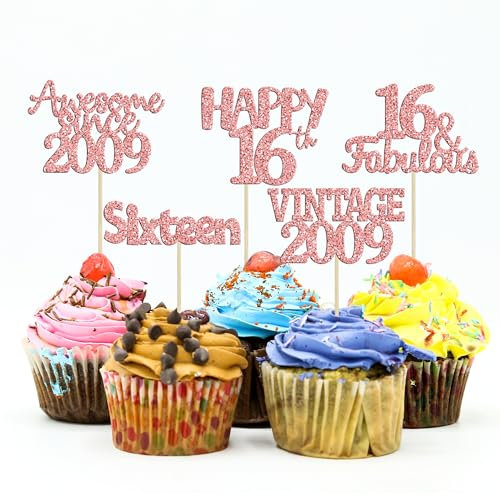 Gyufise 30Pcs Rose Gold Vintage 2009 Cupcake Toppers Glitter Happy 16th Cheers to 16 Fabulous Sweet 16 Cupcake Picks 16th Birthday Wedding Anniversary Party Cake Decorations Supplies