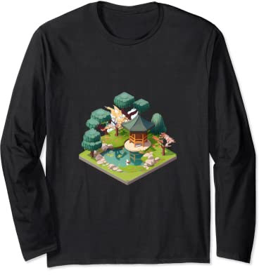 Japanischer Garten-Bonsai-Baum, Teich, isometrisch, 32 Bit Langarmshirt
