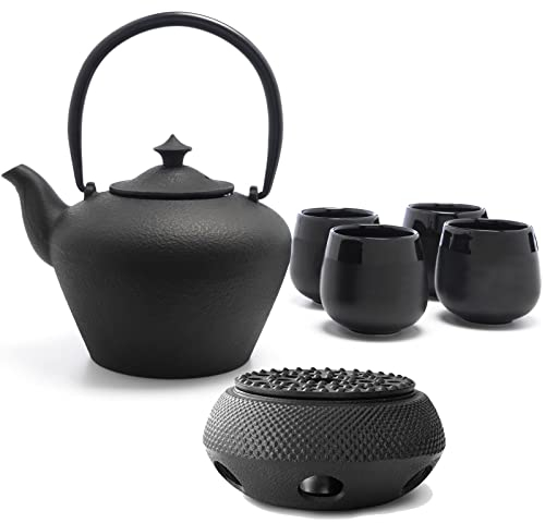 Bredemeijer Gusseisen Tee Set 1.0 Liter Teekanne mit Stövchen & 4 Porzellan-Tassen (Becher) & Edelstahl Tee-Filter Sieb-Einsatz - ideal für lose Teesorten