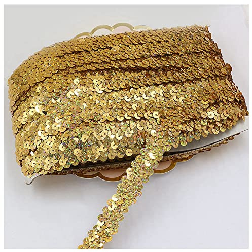 SHTGOI 10 Yards Pailletten Bänder Elastisch Glitzer Paillettenbesatz 2 cm Breite Paillettenband Trim 2-Reihiger Paillettenborte Stoffband für DIY Nähen Kleidung Handwerk Deko Lasergold 1#
