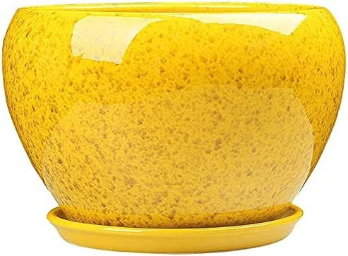 GRAWIT Chinese Style Yellow Glaze Ceramic Pot Indoor Yellow Flower Pot Simple Flower Pot Large Succulent Plant Pot With Tray Outdoor Balcony Breathable Planter beautiful scenery