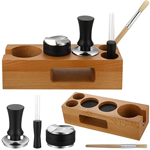 Roowest 5 Pack 54mm Espresso Zubehör Kit Holz Tamper Station Kaffee Verteiler Rührer Stopfmatte mit Bürste, Mehrzweck-Werkzeuge für Bar Home Office