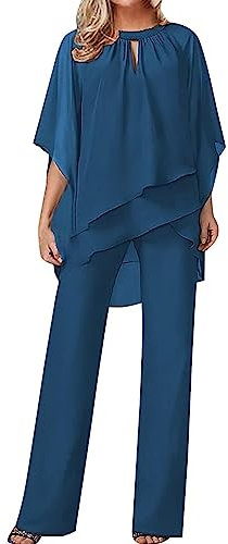 Sawmew Damen Tüll Abendanzug Sets Zweiteiler Chiffon Shirt und Hohe Taille Hosenanzug Elegant Vintage 2-Teiliges Set Outfit Cocktail Party Festlich Hosenanzug (Color : Blue B, Size : M)