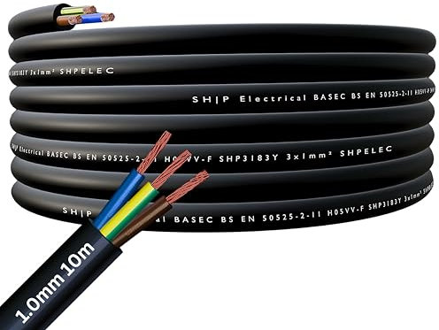 SHPELEC® FLEXIBLE Black Cable 3183Y 0.75mm, 1.0mm, 1.5mm, 2.5mm BASEC Approved Black PVC LED Lighting 5m 10m 15m 20m 50m (1.0mm 3 Core - 10 metres)