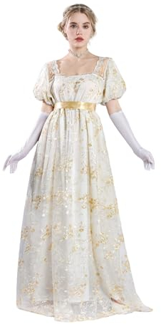 FCCAM Goldene Regency Kleider für Frauen 1800er Vintage Kleid Viktorianisches Ballkleid mit Handschuhen XL