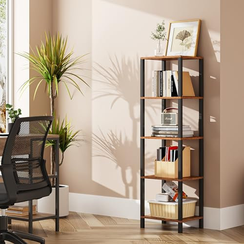 TUTOTAK Bücherregal, 5-stufiges kleines Bücherregal, schmales Bücherregal für kleinen Raum, 27,7 x 38,1 x 135,2 cm, für Wohnzimmer, Büro, Arbeitszimmer, Eingangsbereich, industriell, rustikal, braun