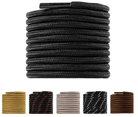 LARGERED Round Shoe Laces Work Boot Laces Heavy Duty, Durable Thick 4mm Shoelaces for Trainers Shoes Walking Hiking Boots, Replacement Round Lace Rope Laces for Men Women, Black-130CM
