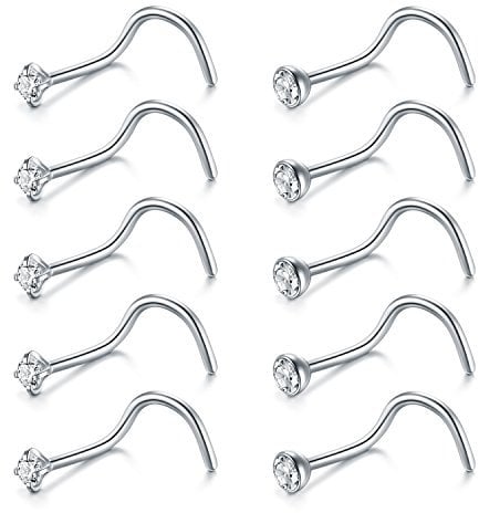 FECTAS 20g Piercing Nez Anneaux Acier Chirurgical Femme Nose Stud Ring Screw Piercing Nez Diamond CZ Nostril Piercing Argent