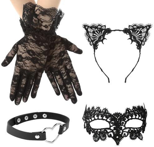 4 Stück Venezianische Maske Damen, Spitze Catwoman Maske Maskenball Maske Augenmaske Halloween, Haarband mit Katzenohren und Spitze für Karneval Valentinstag Kostüm Party Gesichtsmaske Cosplay (A)