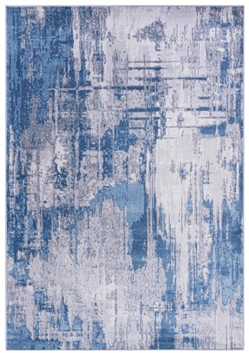 Mazovia Modern Teppich - Abstraktes Vintage Designer Teppich - Waschbar rutschfest Kurzflor - Weich Teppich für Wohnzimmer - Fußbodenheizung geeignet - Blau Grau 120 x 170 cm