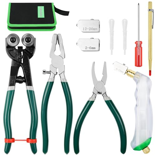 GINWORD 10Pcs Heavy Duty Glass Cutters Tools Kit, Wheeled Glass Tile Nippers Glass Running Breaking Pliers, Breaker Grozer Pliers with Curved Jaws, for Stained Glass, Mosaics, Fusing, Breaking