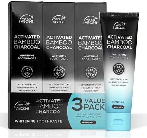 Venus Visage Activated Charcoal Toothpaste for Whitening, 3 Pack - Effective Teeth Whitening Toothpaste for Surface Stains - Peppermint Flavor (3.7 oz/105 g)