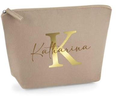 AWASG Kosmetiktasche Filz Buchstabe Monogramm - Personalisiert mit Namen - Schminktasche Beauty Bag - Geschenk Mama Beste Freundin - M (19 x 18 x 9 cm) (Sand)