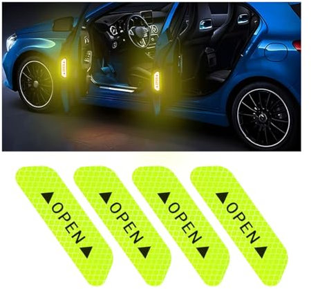 4PCS Reflective Open Warning Stickers for Car Door, Night Visibility Auto Safety Prompt Decals, 3.6 Inch Anti-Collision Protective Strip Tape, Car Accessories Universal for Truck, SUV, Van (Green)