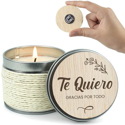 CONTRAXT Regalo original Vela con tarjeta de madera Te quiero. Regalos aniversario pareja cartas amor novio novia Vela con postal san valentin tarjeta hombre mujer