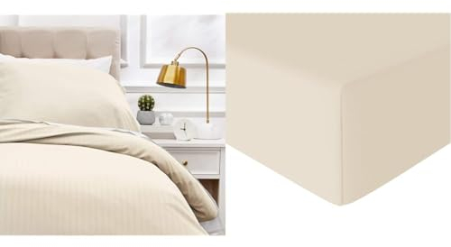 Amazon Basics Deluxe-Bettwäsche-Set aus Mikrofaser, 135 x 200 cm, 2 Stück, beige, Gestreift & Spannbetttuch, Mikrofaser, Beige, 140 x 200 x 30 cm