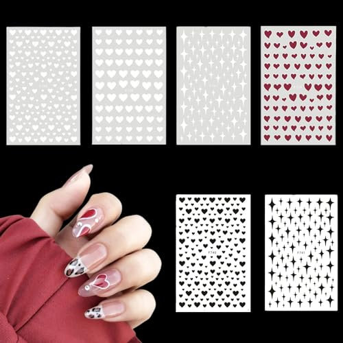 Nail Stickers,12 Sheets Heart Star Nail Art Stickers Self-Adhesive,Red White Black Nail Decals Nail Accessories Supplies for Women Girls Nail Art Design Decorations (Red White Black)
