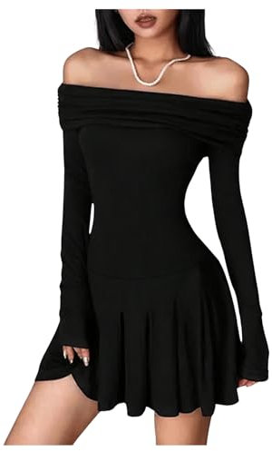 GORGLITTER Women's Off Shoulder Mini Dress Long Sleeve A Line Swing Dresses Party Clubwear Dress Black M