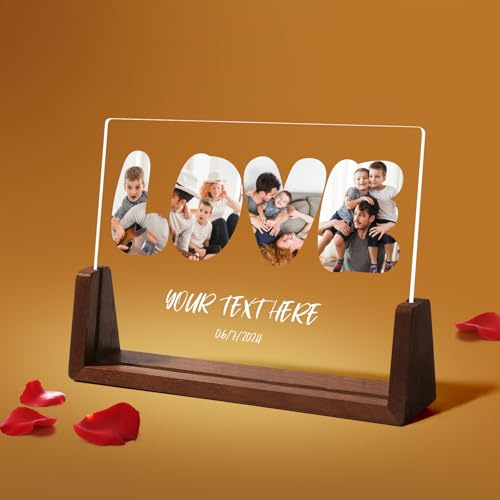 NIBESSER Personalisiertes Foto-Geschenk, LED Acrylglas mit Foto, beleuchteter LED-Rahmen mit Holzständer, Familien geschenk, Weihnachtsgeschenke, Geschenke zum Jahrestag, Geburtstag, Valentinstag
