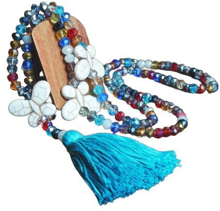 Whakano Böhmen Kristall Perlen Ketten,Schmetterling Handgemachte Halskette,Damen-Halskette Mit Quaste Anhänger,Pullover Kette Halsschmuck,Elegant Perlenkette Halsschmuck für Frauen Mädchen,Blau