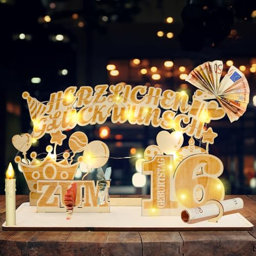 Szhhrxi 2025 Originelle 16. Geburtstag Geldgeschenke mit LED Lichterkette, Geburtstag Deko für Mann Frau Geldgeschenke, Geschenke zum 16 Geburtstag, Holz-Schild Gästebuch, Alles Gute zum 16 (16)