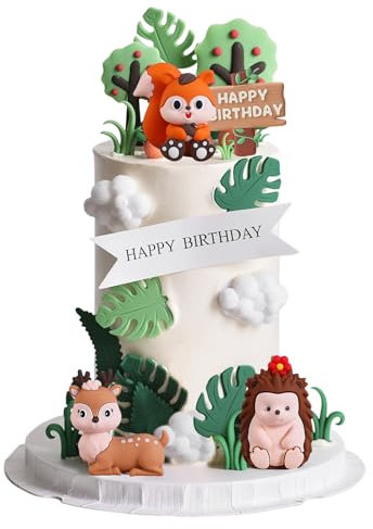 DIELOVEHUA Tiere Geburtstag Tortendeko, 4 Stück Tortendeko Tiere, Waldtiere Geburtstag Deko, Eichhörnchen Igel Hirsch Figuren Kuchen Topper, Dschungel Deko für Baby Shower Kinder Junge