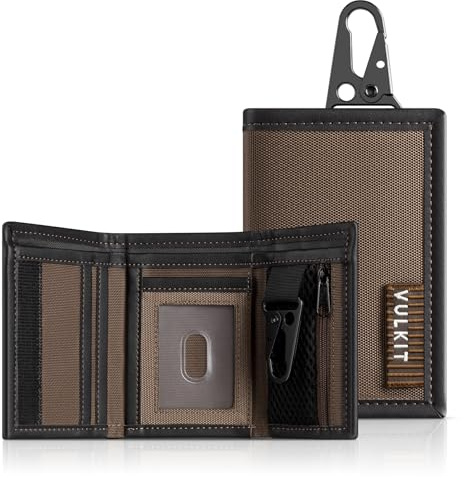 VULKIT Portefeuille à Trois Volets Homme avec Blocage RFID Porte-cartes Crédit Cuir Résistant à l'eau avec Poche Zippée pour Pièces de Monnaie et boucle à Clés pour les Voyages Quotidiens en Plein Air