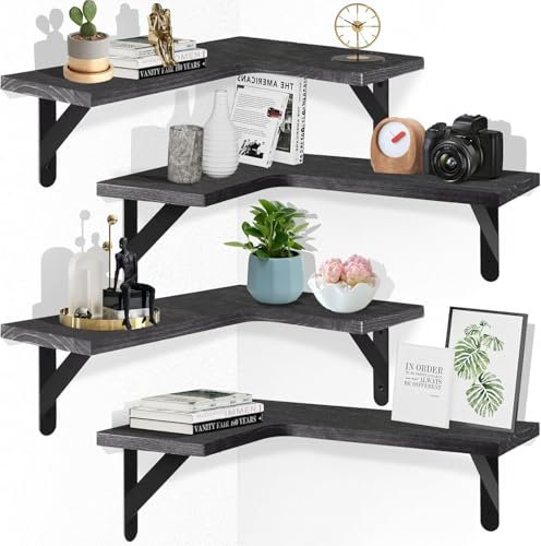 Tczecoo 4 Stück Schweberegal für Ecken, L-förmiges Eckregal, Eck-Wandregal Wandregal Holz, Rustikale Holzeck-Wandregale für Küche Wohnzimmer Schlafzimmer Badezimmer Wanddeko, Schwarz