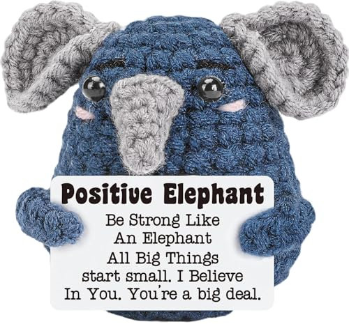 Positive Elefant Niedliche Häkelente mit Inspirierender Karte Emotional Support Elefant Strickpuppe aus Milchbaumwolle Handgemachte Häkeln Tiere Cheer Up Geschenk für Dekorationen Geburtstag Party