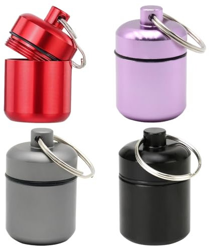 4pcs Ear Plug Case,Ear Plug Holder,42*27mm Portable Ear Plug Carrying Case Keychain Waterproof Earplug Case,Pill Keychain Holder,Great for Storing Earbuds,Pills and Jewelry(Gunmetal,Purple,Black,Red)