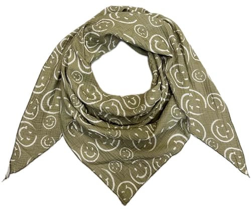 Smiley Smile Dreieck Schal aus 100% Baumwolle Frühling Unisex Uni Fashion Stola Tuch Übergangszeit Italy Sommer Strickschal Strick Tuch Happy (Olivgrün)