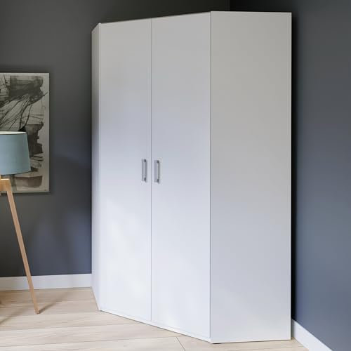 Forte ECONOBOX 2 Eckkleiderschrank 115 120, 2-türiger Drehtürenschrank, Holzwerkstoff, Weiß, 116,8 cm breit, 210,5 cm hoch, 116,8 cm tief