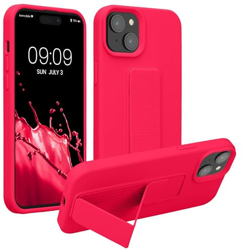 kwmobile Coque Compatible avec iPhone 15 Plus - Housse avec Support Doigt en TPU Silicone - Protection avec Fonction Support Rose Fluo