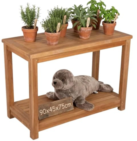 MR. DEKO Pflanztisch Salford Teak-Holz | Gärtnertisch mit Ablage & Regal | Zertifiziertes Plantagen-Vollholz Unbehandelt | Massiver Arbeitstisch Garten & Balkon | Outdoor-Blumentisch | 90x75x45 cm
