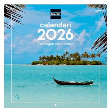 Finocam - Wandkalender 2026, 30 x 30 cm, Monatsansicht Januar - Dezember 2026 + Sep. - Dezember 2025 (4 Monate), Kalender 2026, Paradiesische Landschaftsbilder - Katalanisch