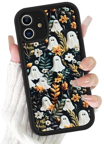 Saqmkil Halloween Hülle für iPhone 11 6,1'', Aesthetic Mode Horror Muster Motiv Design Schwarz Silikon Ultra Dünn Handyhülle, Weich TPU Süßes Mädchen Frauen Stoßfest Case Schutzhülle - Blumen