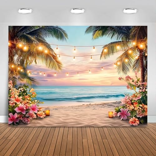 Hnmdmyi 2.1x1.5m Fotohintergrund Strand Sommer Hawaii Ozean Sonnenuntergang Meer Tropische Blumen Palmen Fotografie Hintergrund Hochzeit Baby Shower Geburtstag Aloha Luau Party Dekorationen Banner