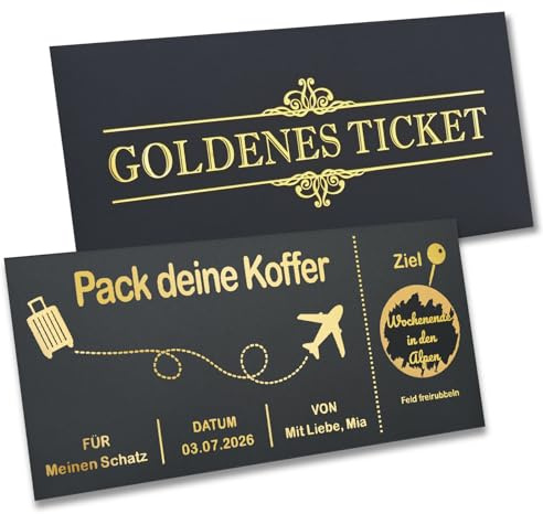 TMT Personalsiertes Goldenes Ticket Gutschein Rubbelkarte – REISE | Gutscheinkarte - Ready to Gift | Gutscheinverpackung für Reisegutschein, Kurzurlaub, Städtetrip, Flugticket, „Zeit statt Zeug“