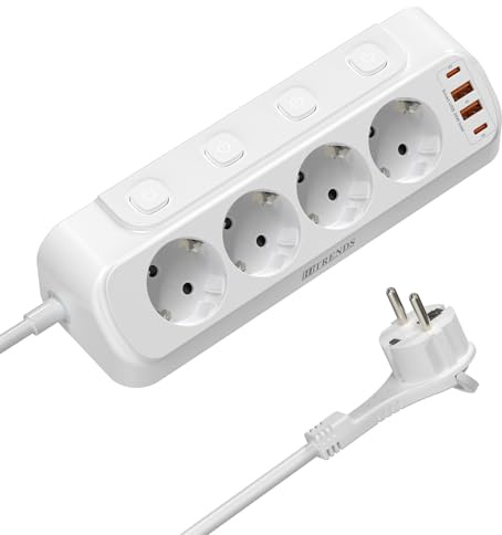 KEAGAR Ecksteckdose 4-Fach Einzeln Schaltbar, USB C PD 20W, 3m Weiß | 4 Schuko + 2 USB-C + 2 USB-A, Steckdosenleiste Wandmontage mit Flachstecke, 90°Design für Büro Home-Office Ecke